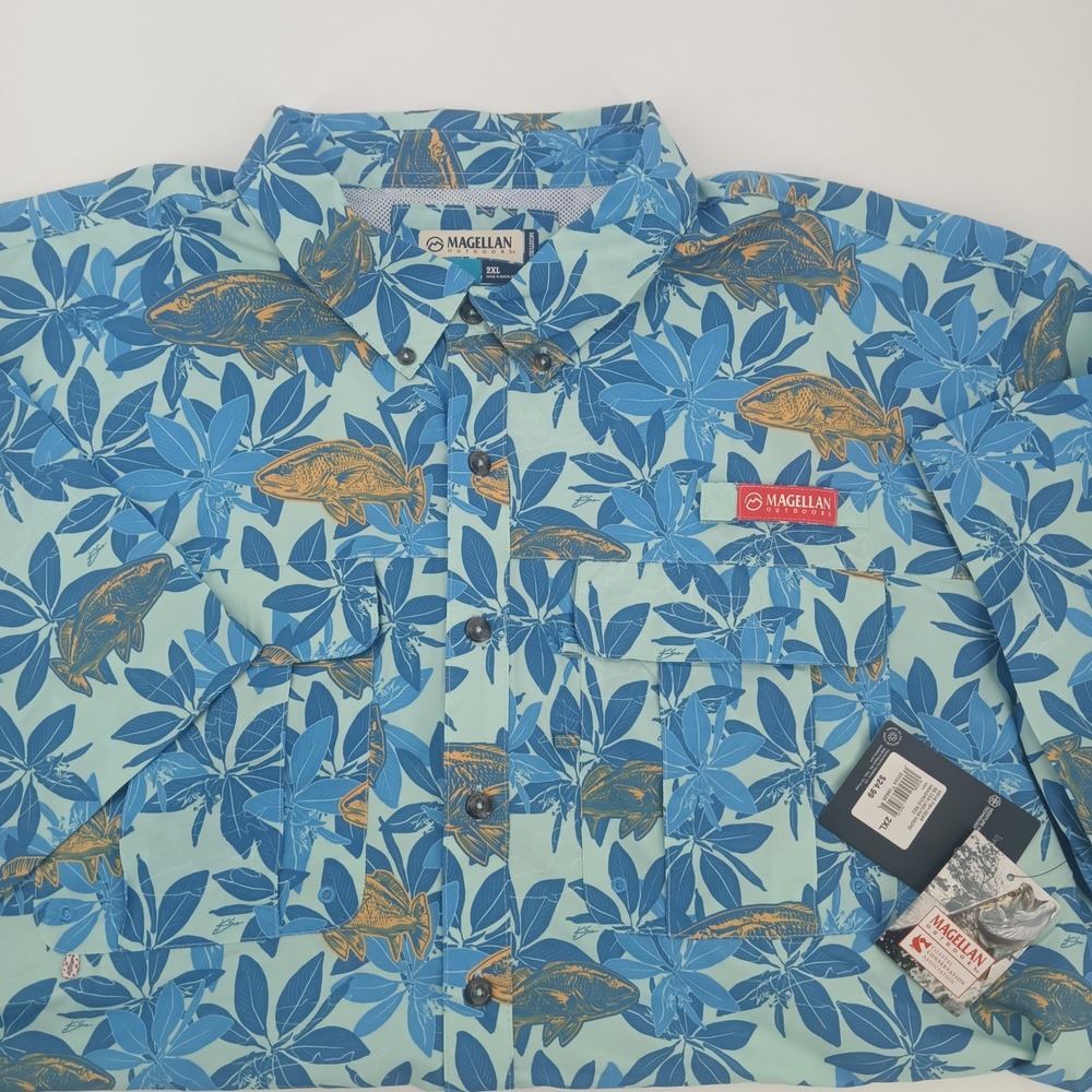 Magellan Outdoors Mens Fish Gear Shirt 2XL Blue Tropical Fish Print NWT 1312